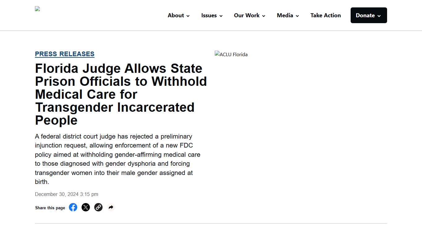 Florida Judge Allows State Prison Officials to Withhold Medical Care for Transgender Incarcerated People - ACLU of Florida